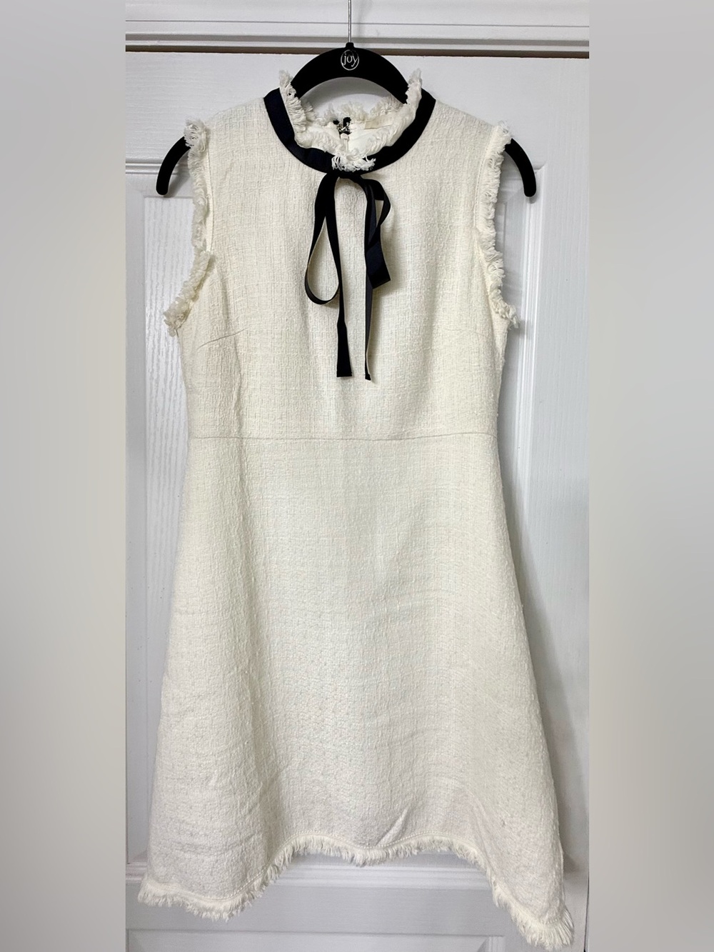 Ellison Ivory Tweed Midi Dress with Black Neck Ribbon